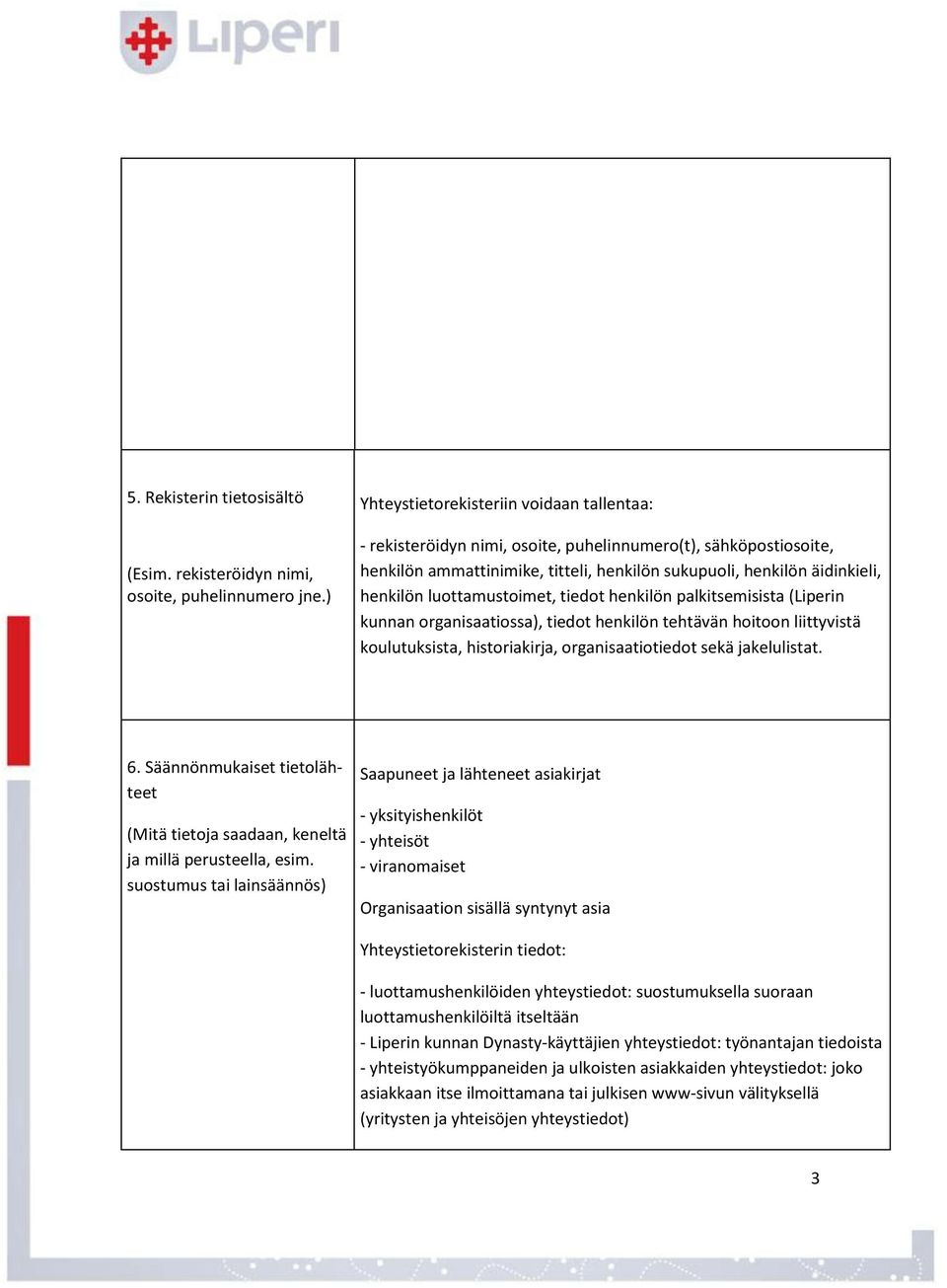 luottamustoimet, tiedot henkilön palkitsemisista (Liperin kunnan organisaatiossa), tiedot henkilön tehtävän hoitoon liittyvistä koulutuksista, historiakirja, organisaatiotiedot sekä jakelulistat. 6.