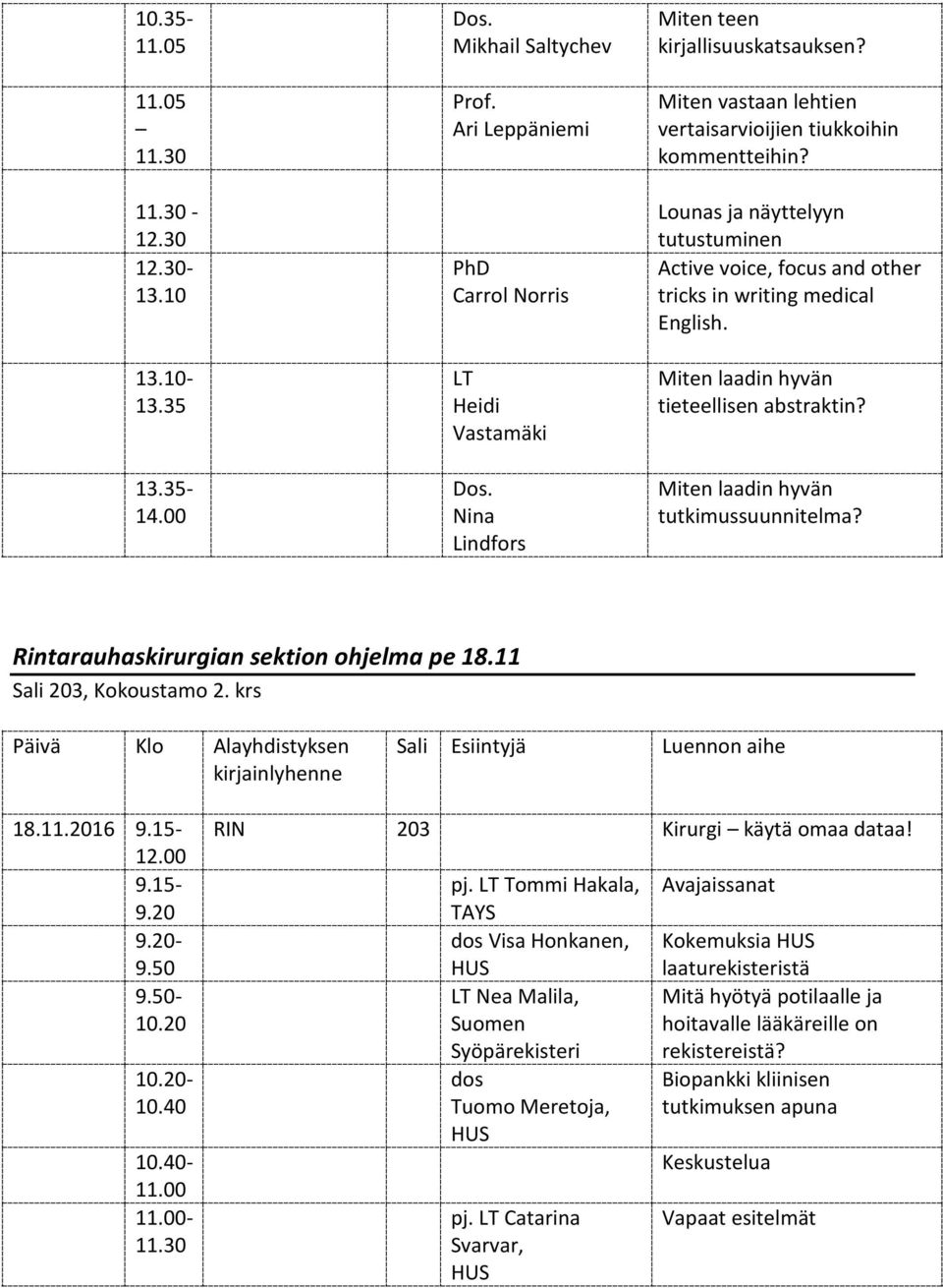 Miten laadin hyvän tieteellisen abstraktin? Miten laadin hyvän tutkimussuunnitelma? Rintarauhaskirurgian sektion ohjelma pe 18.11 Sali 203, Kokoustamo 2. krs Päivä Klo Alayhdistyksen 18.11.2016 9.