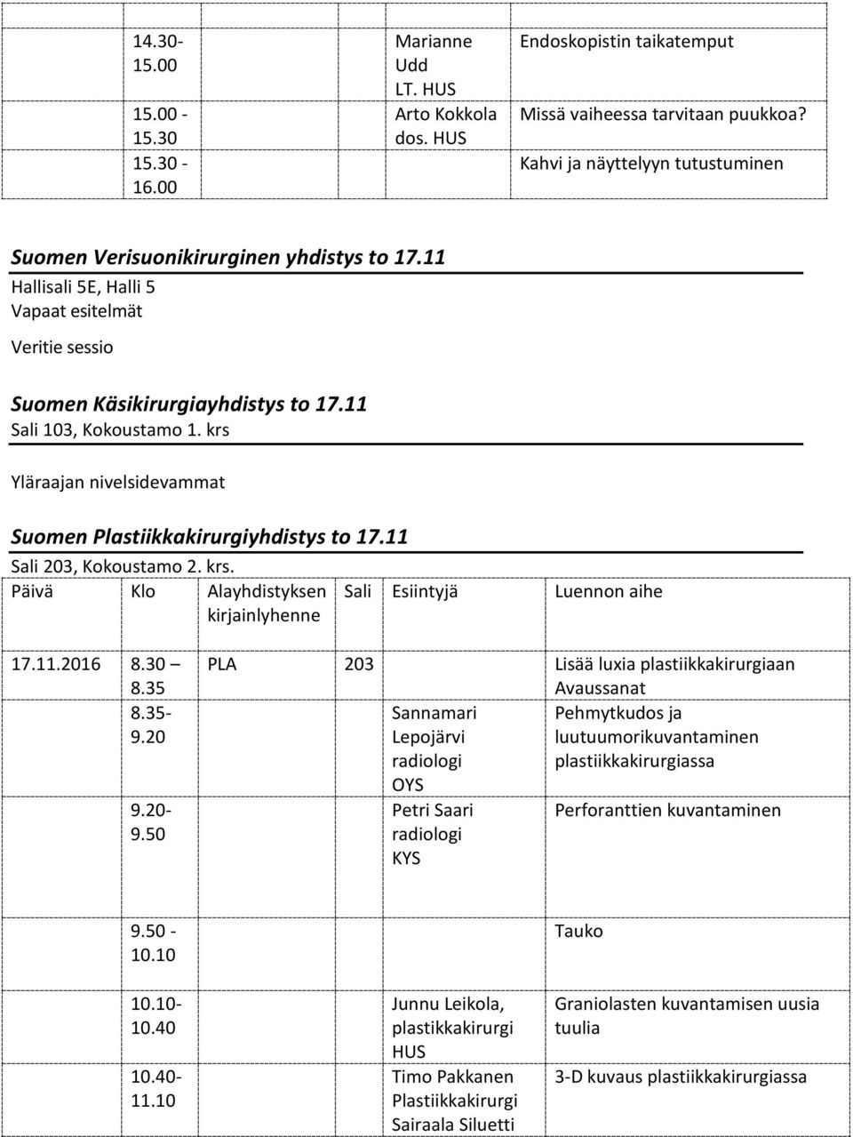 krs Yläraan nivelsidevammat Suomen Plastiikkakirurgiyhdistys to 17.11 Sali 203, Kokoustamo 2. krs. Päivä Klo Alayhdistyksen 17.11.2016 8.30 8.35 8.35-9.20 9.20-9.