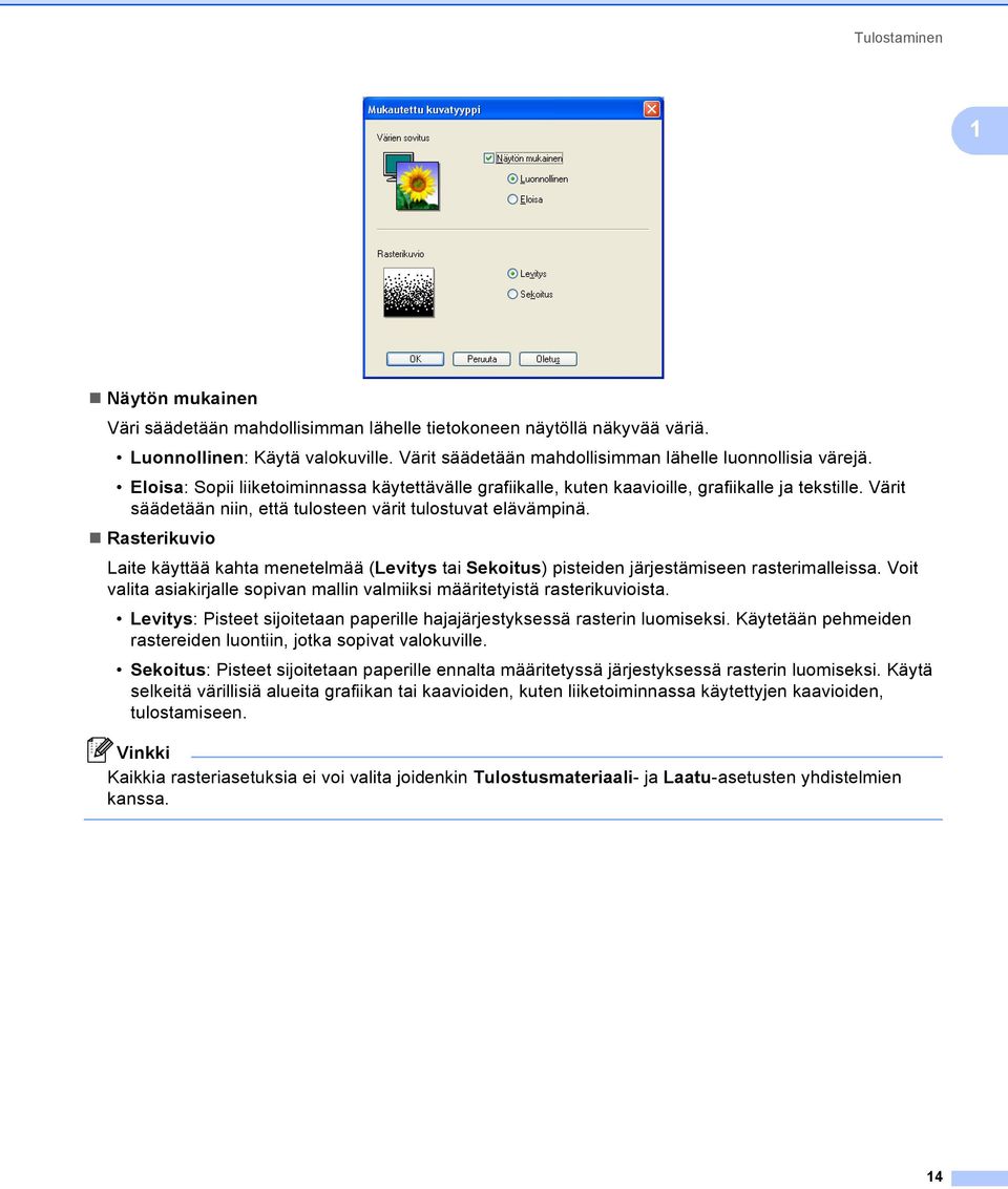 Rasterikuvio Laite käyttää kahta menetelmää (Levitys tai Sekoitus) pisteiden järjestämiseen rasterimalleissa. Voit valita asiakirjalle sopivan mallin valmiiksi määritetyistä rasterikuvioista.