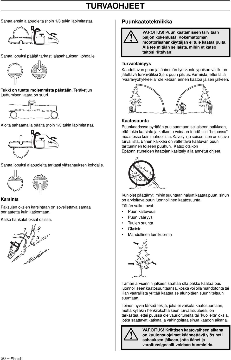Älä tee mitään sellaista, mihin et katso taitosi riittävän Turvaetäisyys Kaadettavan puun ja lähimmän työskentelypaikan välille on jätettävä turvaväliksi 2,5 x puun pituus.