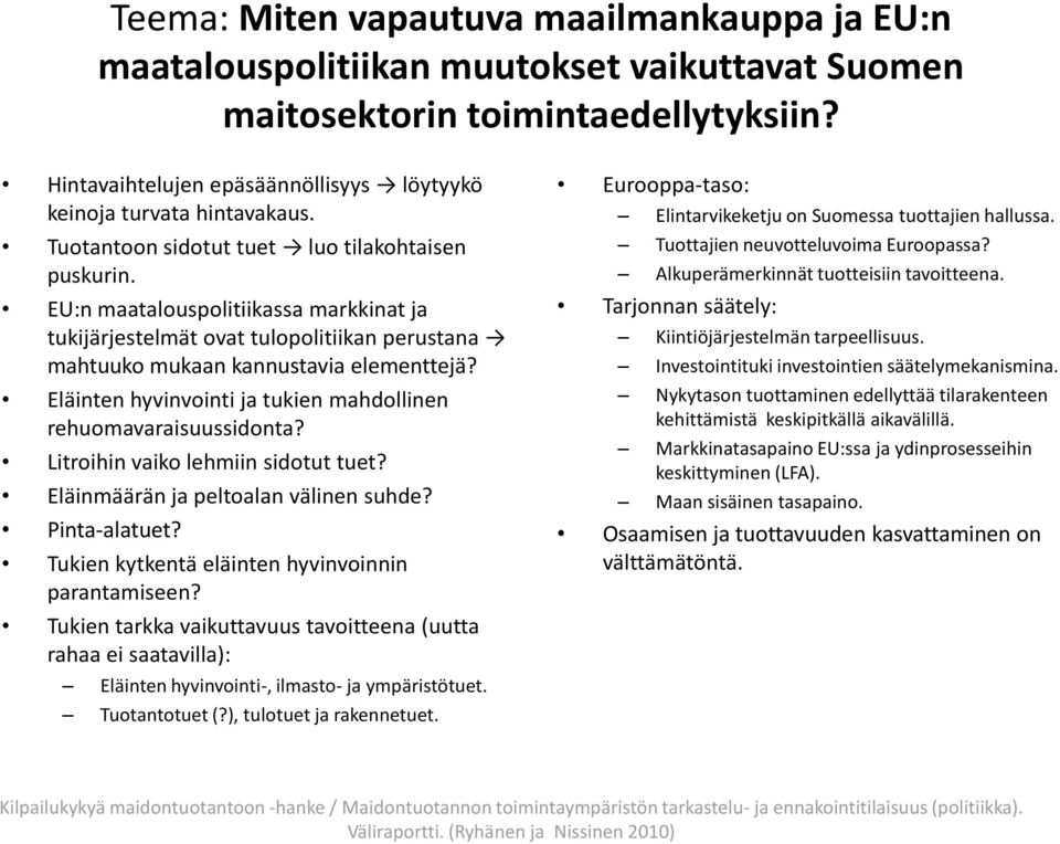 EU:n maatalouspolitiikassa markkinat ja tukijärjestelmät ovat tulopolitiikan perustana mahtuuko mukaan kannustavia elementtejä? Eläinten hyvinvointi ja tukien mahdollinen rehuomavaraisuussidonta?