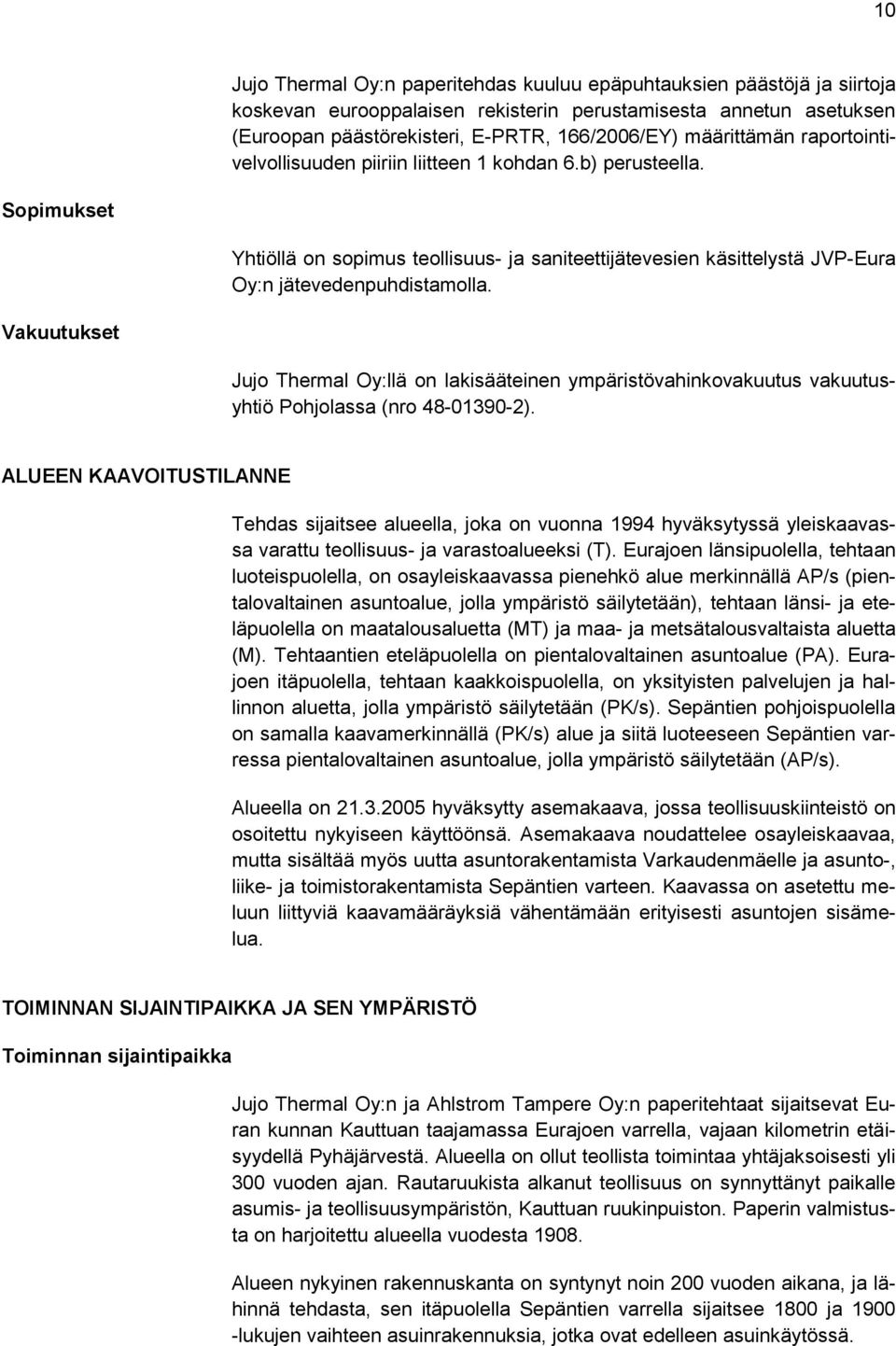 Vakuutukset Jujo Thermal Oy:llä on lakisääteinen ympäristövahinkovakuutus vakuutusyhtiö Pohjolassa (nro 48-01390-2).