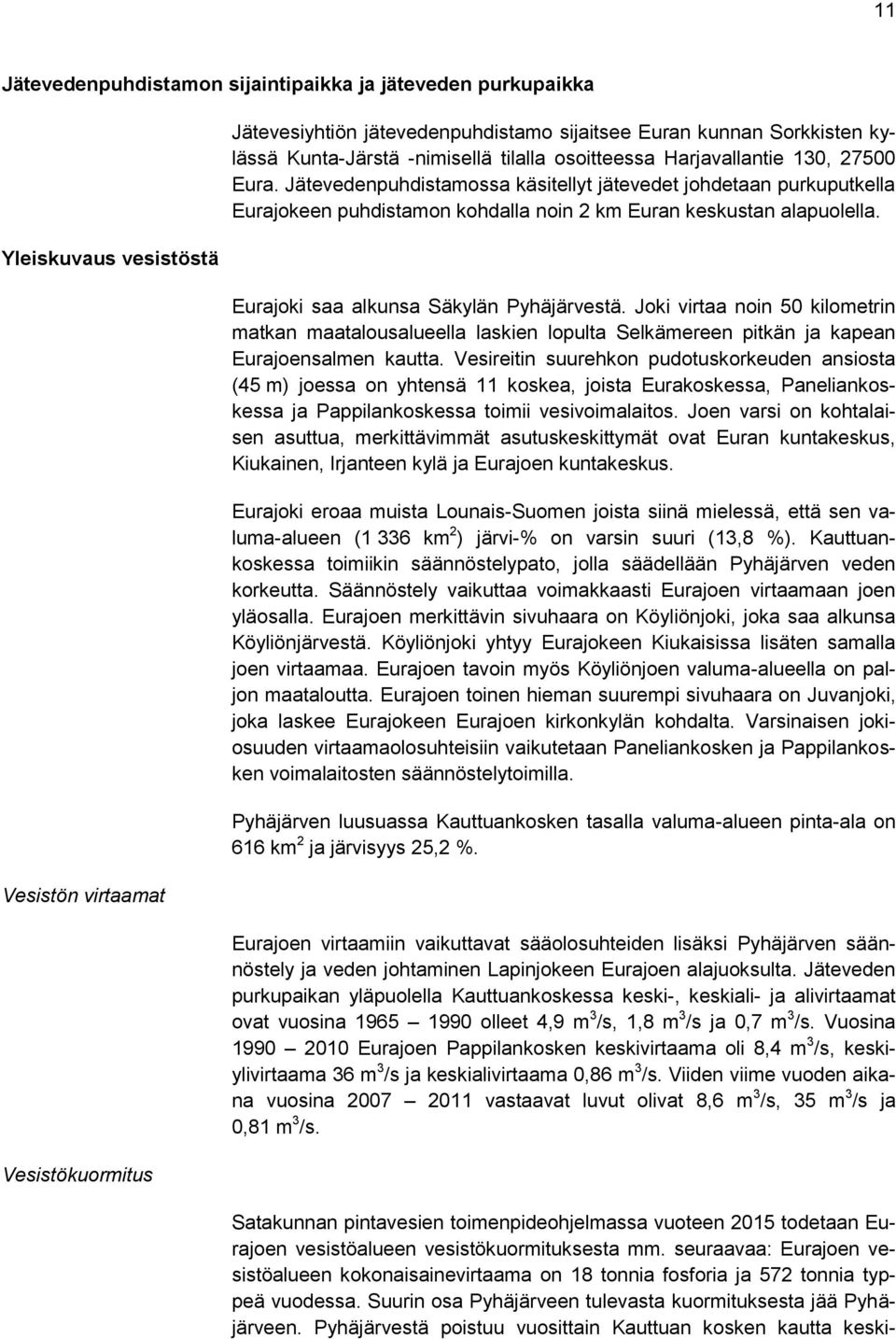 Jätevedenpuhdistamossa käsitellyt jätevedet johdetaan purkuputkella Eurajokeen puhdistamon kohdalla noin 2 km Euran keskustan alapuolella. Eurajoki saa alkunsa Säkylän Pyhäjärvestä.