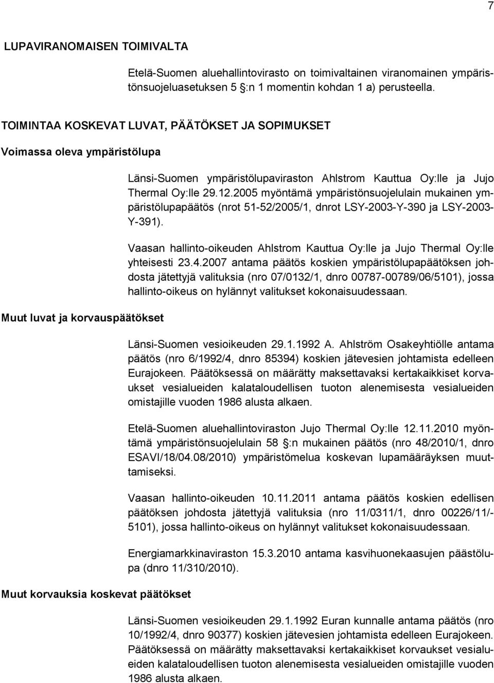 Oy:lle ja Jujo Thermal Oy:lle 29.12.2005 myöntämä ympäristönsuojelulain mukainen ympäristölupapäätös (nrot 51-52/2005/1, dnrot LSY-2003-Y-390 ja LSY-2003- Y-391).