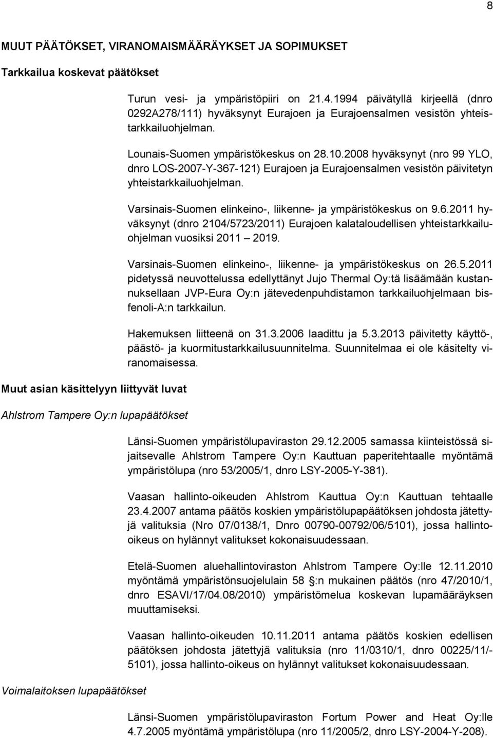 2008 hyväksynyt (nro 99 YLO, dnro LOS-2007-Y-367-121) Eurajoen ja Eurajoensalmen vesistön päivitetyn yhteistarkkailuohjelman. Varsinais-Suomen elinkeino-, liikenne- ja ympäristökeskus on 9.6.2011 hyväksynyt (dnro 2104/5723/2011) Eurajoen kalataloudellisen yhteistarkkailuohjelman vuosiksi 2011 2019.