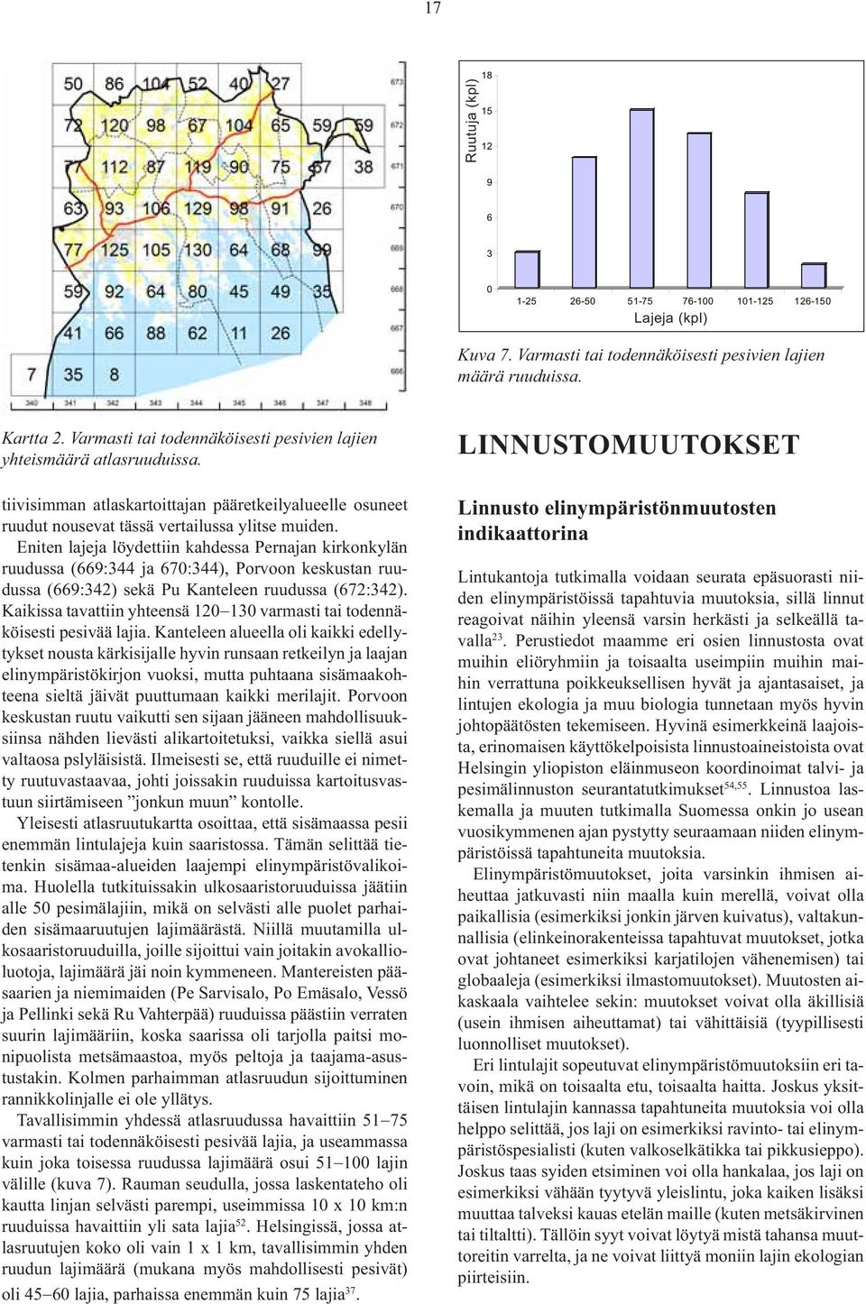Eniten lajeja löydettiin kahdessa Pernajan kirkonkylän ruudussa (669:344 ja 670:344), Porvoon keskustan ruudussa (669:342) sekä Pu Kanteleen ruudussa (672:342).