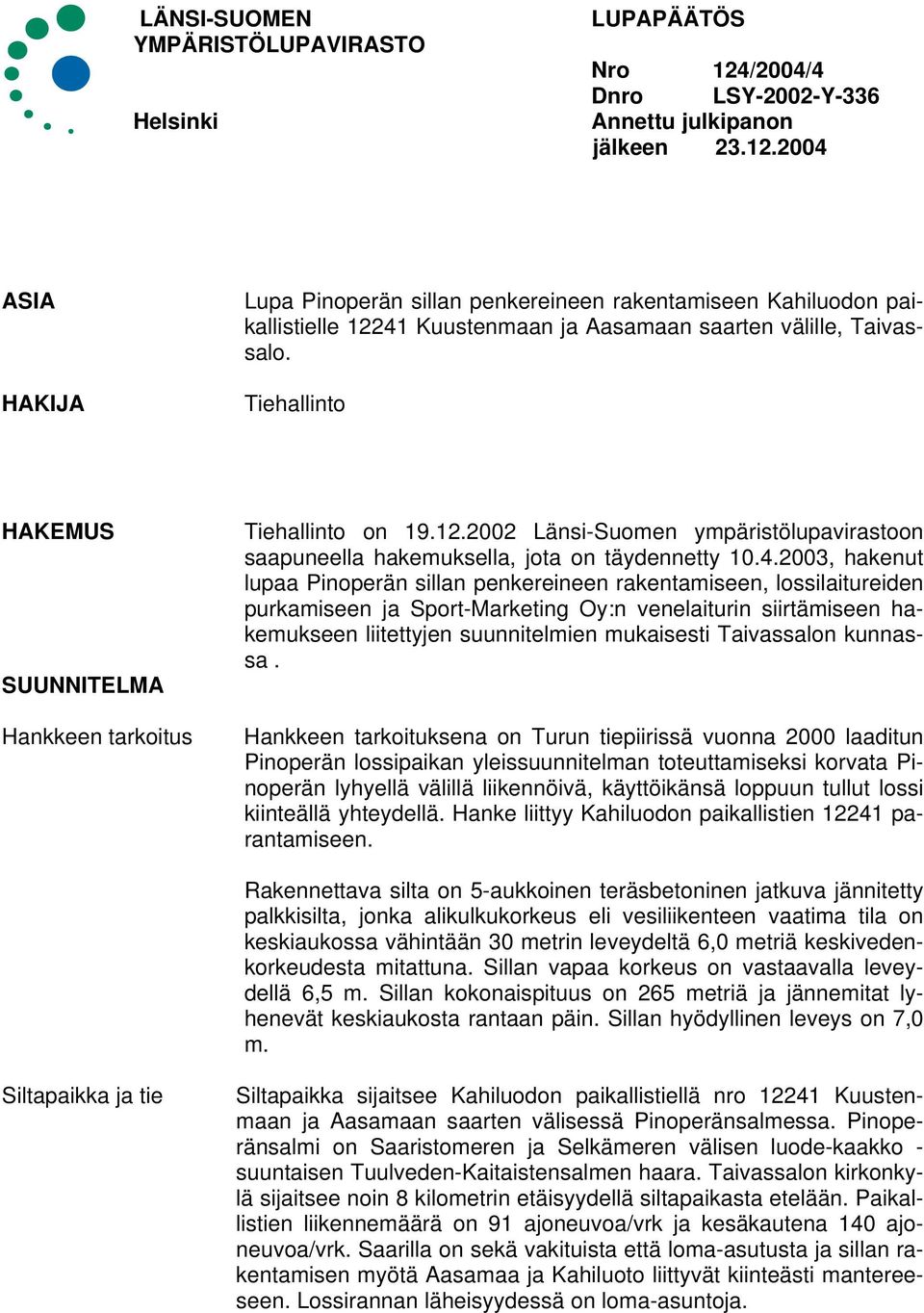 2004 ASIA HAKIJA Lupa Pinoperän sillan penkereineen rakentamiseen Kahiluodon paikallistielle 12241 Kuustenmaan ja Aasamaan saarten välille, Taivassalo.