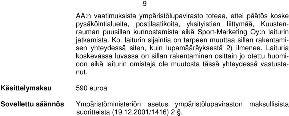 laiturin sijaintia on tarpeen muuttaa sillan rakentamisen yhteydessä siten, kuin lupamääräyksestä 2) ilmenee.