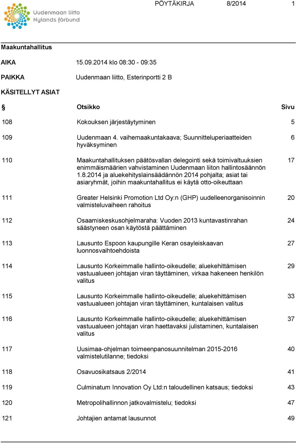 2014 ja aluekehityslainsäädännön 2014 pohjalta; asiat tai asiaryhmät, joihin maakuntahallitus ei käytä otto-oikeuttaan 111 Greater Helsinki Promotion Ltd Oy:n (GHP) uudelleenorganisoinnin