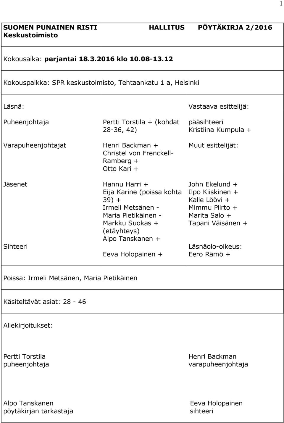 Backman + Christel von Frenckell- Ramberg + Otto Kari + Muut esittelijät: Jäsenet Sihteeri Hannu Harri + Eija Karine (poissa kohta 39) + Irmeli Metsänen - Maria Pietikäinen - Markku Suokas +