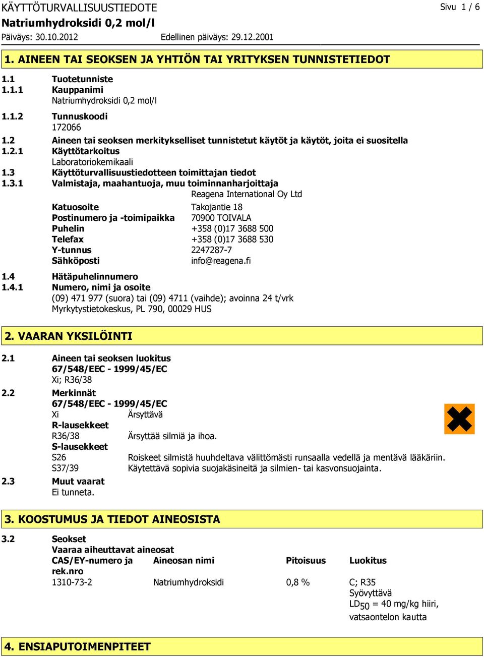 Käyttöturvallisuustiedotteen toimittajan tiedot 1.3.