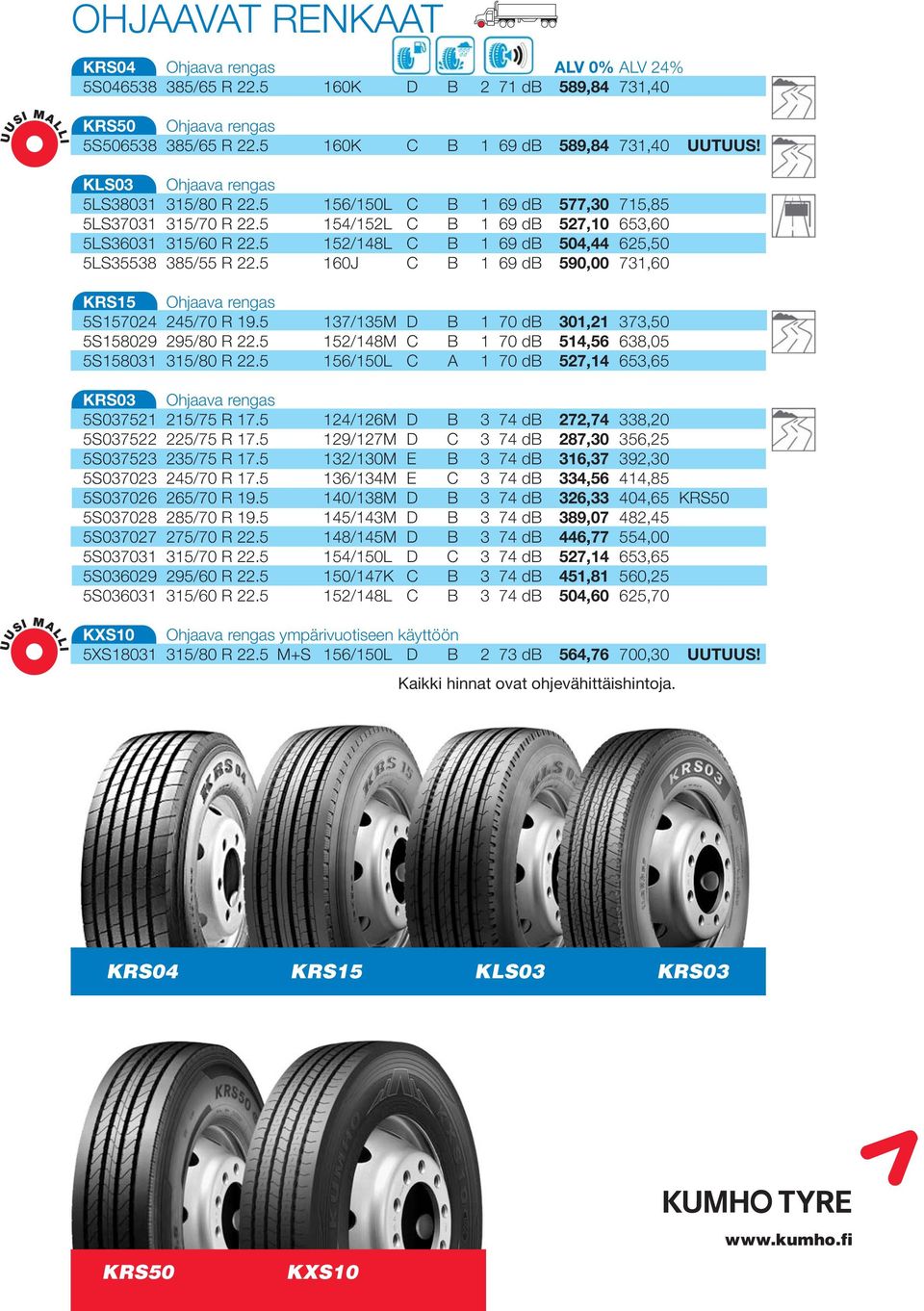 5 152/148L C B 1 69 db 504,44 625,50 5LS35538 385/55 R 22.5 160J C B 1 69 db 590,00 731,60 KRS15 Ohjaava rengas 5S157024 245/70 R 19.5 137/135M D B 1 70 db 301,21 373,50 5S158029 295/80 R 22.