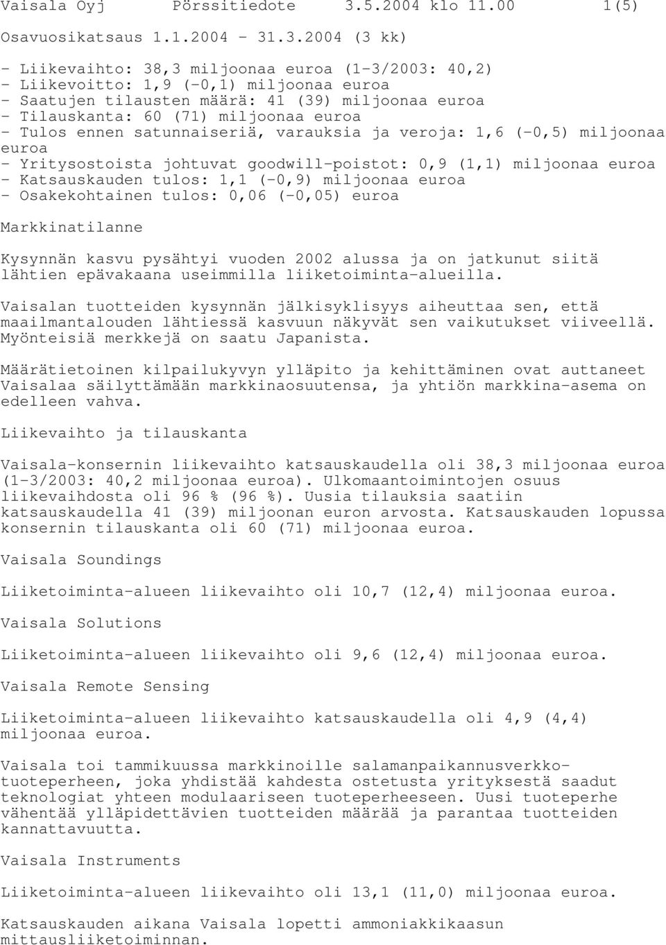 .3.2004 (3 kk) - Liikevaihto: 38,3 miljoonaa euroa (1-3/2003: 40,2) - Liikevoitto: 1,9 (-0,1) miljoonaa euroa - Saatujen tilausten määrä: 41 (39) miljoonaa euroa - Tilauskanta: 60 (71) miljoonaa