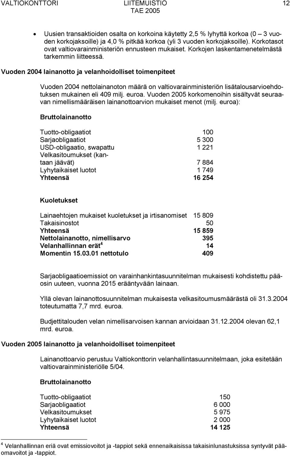 Vuoden 2004 lainanotto ja velanhoidolliset toimenpiteet Vuoden 2004 nettolainanoton määrä on valtiovarainministeriön lisätalousarvioehdotuksen mukainen eli 409 milj. euroa.