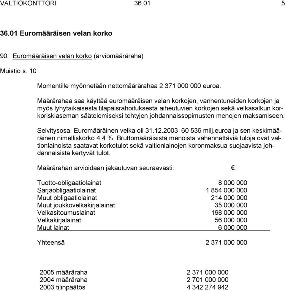 tehtyjen johdannaissopimusten menojen maksamiseen. Selvitysosa: Euromääräinen velka oli 31.12.2003 60 536 milj.euroa ja sen keskimääräinen nimelliskorko 4,4 %.