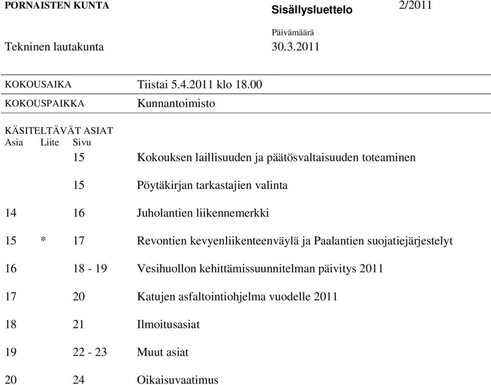 Pöytäkirjan tarkastajien valinta 14 16 Juholantien liikennemerkki 15 * 17 Revontien kevyenliikenteenväylä ja Paalantien