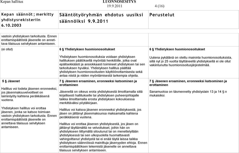 Yhdistyksen hallitus voi erottaa jäsenen, jonka se katsoo toimivan vastoin yhdistyksen tarkoitusta. Ennen erottamispäätöstä jäsenelle on annettava tilaisuus selvityksen antamiseen.