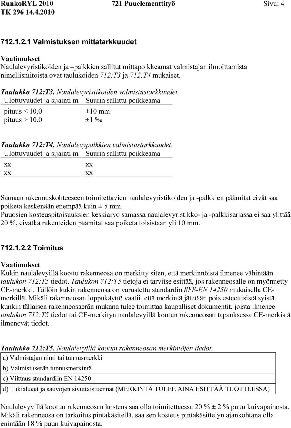 Naulalevypalkkien valmistustarkkuudet.