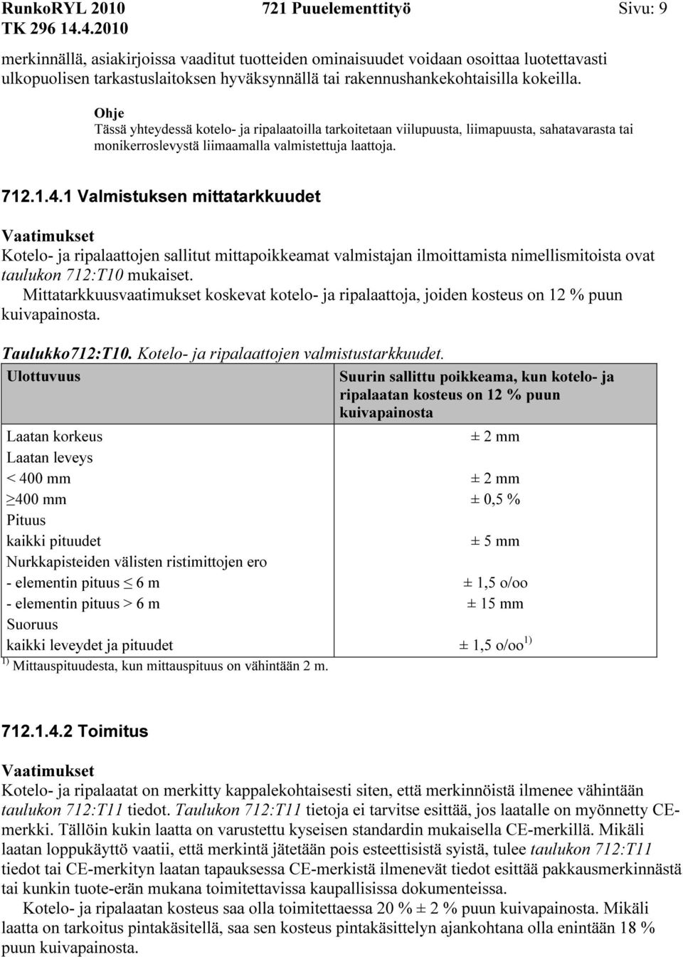 1 Valmistuksen mittatarkkuudet Kotelo- ja ripalaattojen sallitut mittapoikkeamat valmistajan ilmoittamista nimellismitoista ovat taulukon 712:T10 mukaiset.