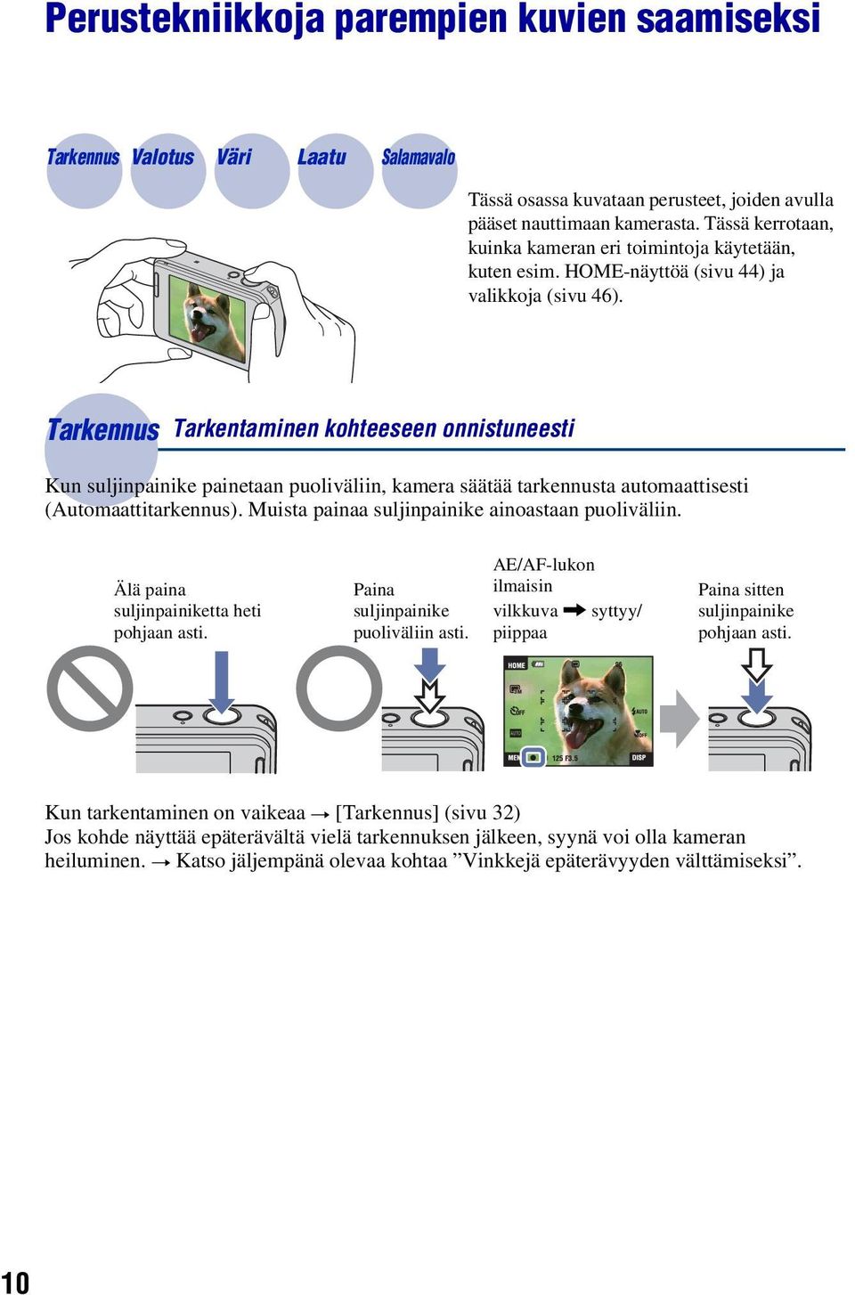 Tarkennus Tarkentaminen kohteeseen onnistuneesti Kun suljinpainike painetaan puoliväliin, kamera säätää tarkennusta automaattisesti (Automaattitarkennus).