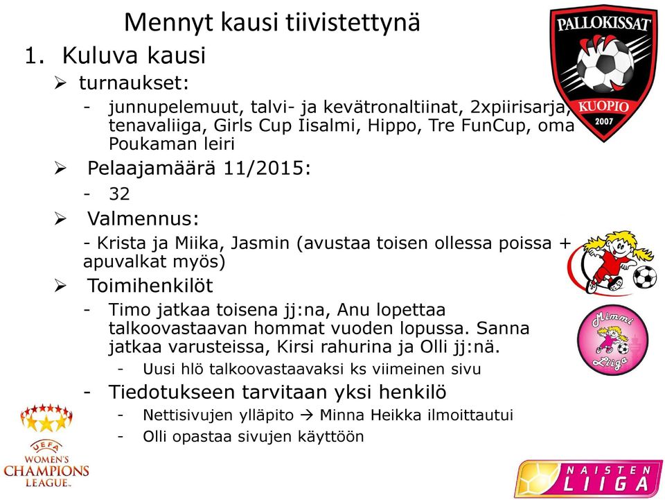 Pelaajamäärä 11/2015: - 32 Valmennus: - Krista ja Miika, Jasmin (avustaa toisen ollessa poissa + apuvalkat myös) Toimihenkilöt - Timo jatkaa toisena