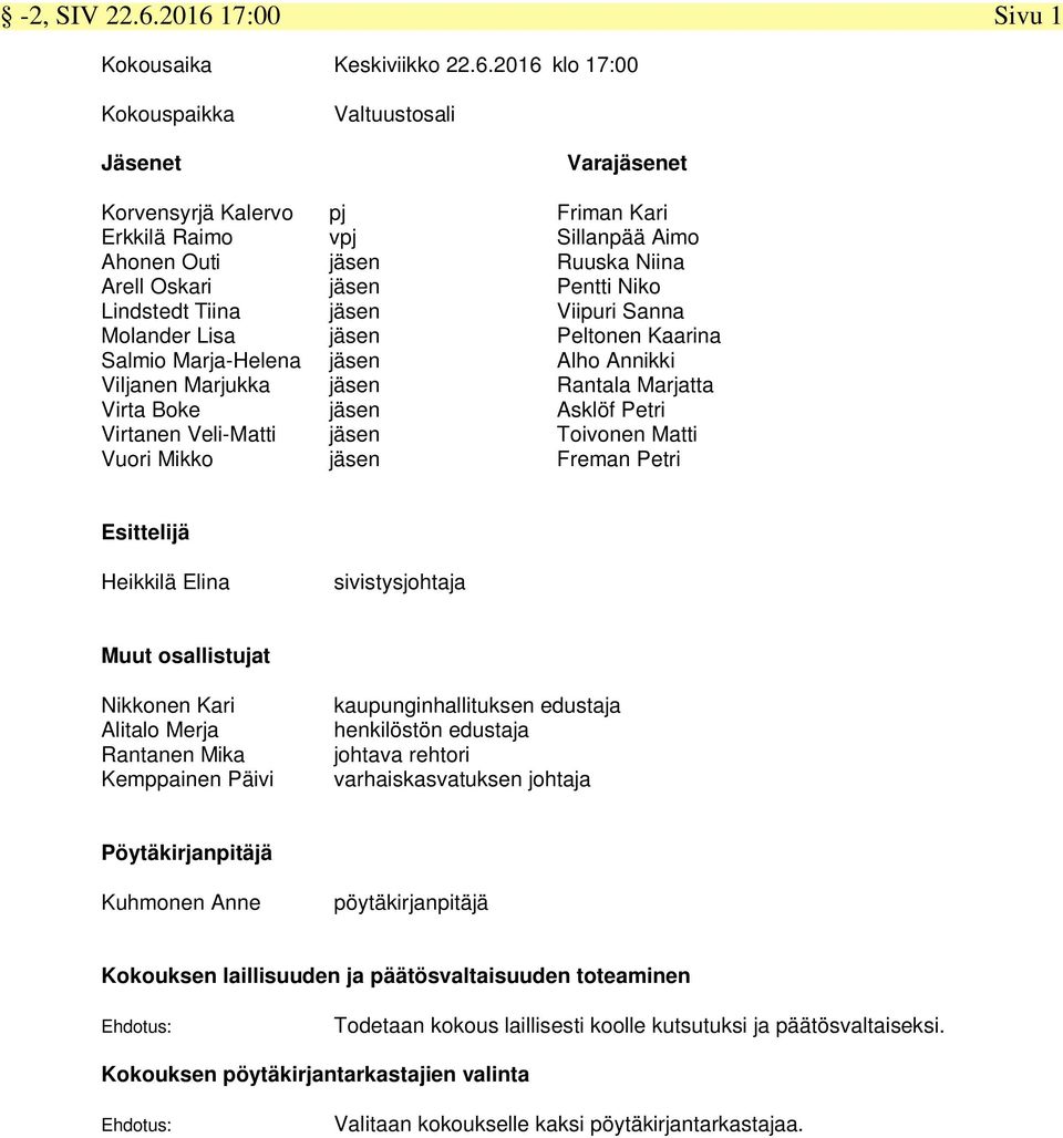 Ruuska Niina Arell Oskari jäsen Pentti Niko Lindstedt Tiina jäsen Viipuri Sanna Molander Lisa jäsen Peltonen Kaarina Salmio Marja-Helena jäsen Alho Annikki Viljanen Marjukka jäsen Rantala Marjatta