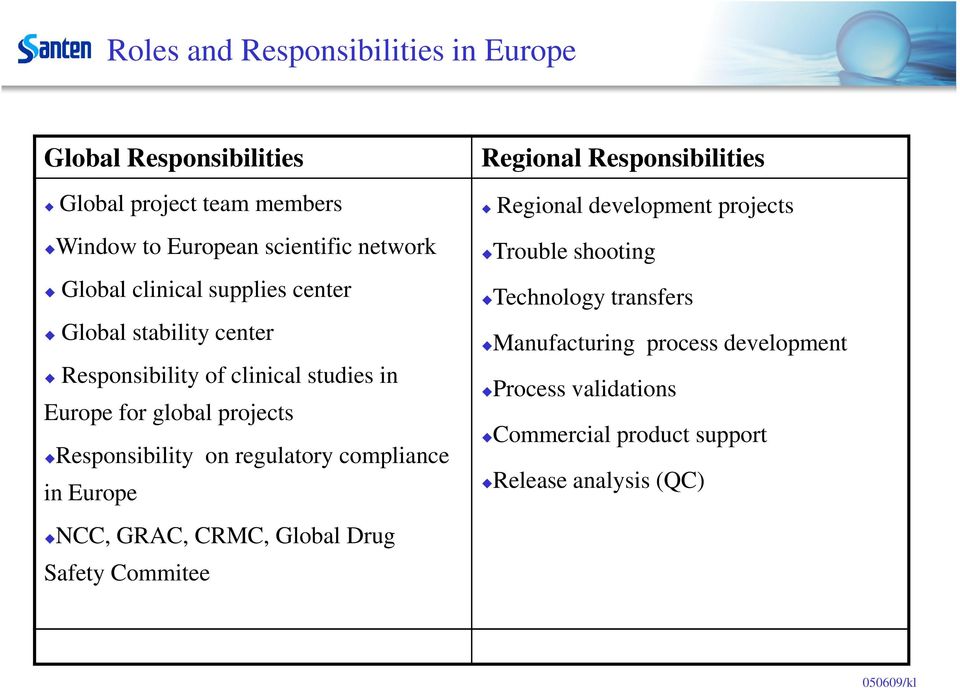 regulatory compliance in Europe NCC, GRAC, CRMC, Global Drug Safety Commitee Regional Responsibilities Regional development projects