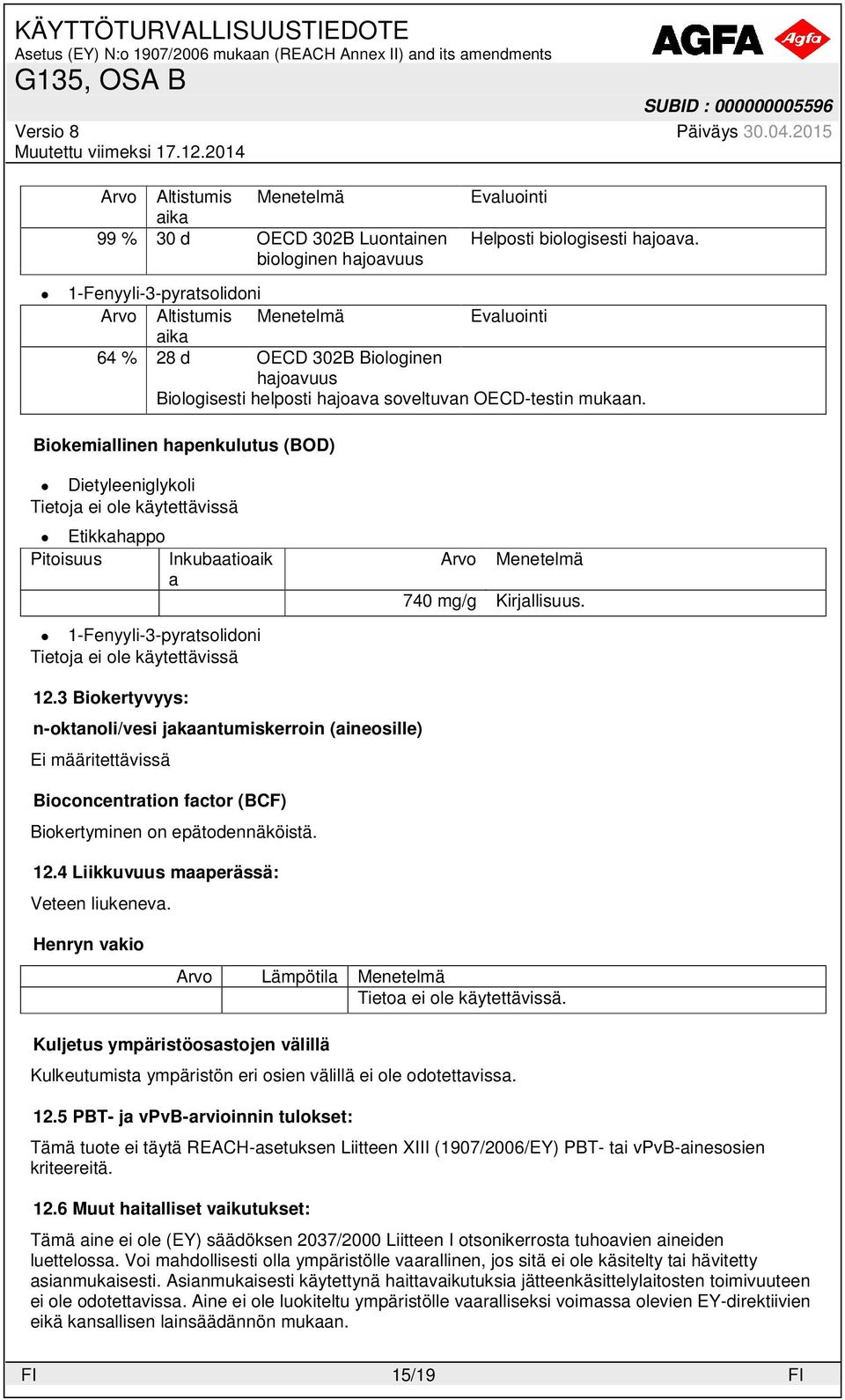Biokemiallinen hapenkulutus (BOD) Pitoisuus Inkubaatioaik a Arvo Menetelmä 740 mg/g Kirjallisuus. 12.