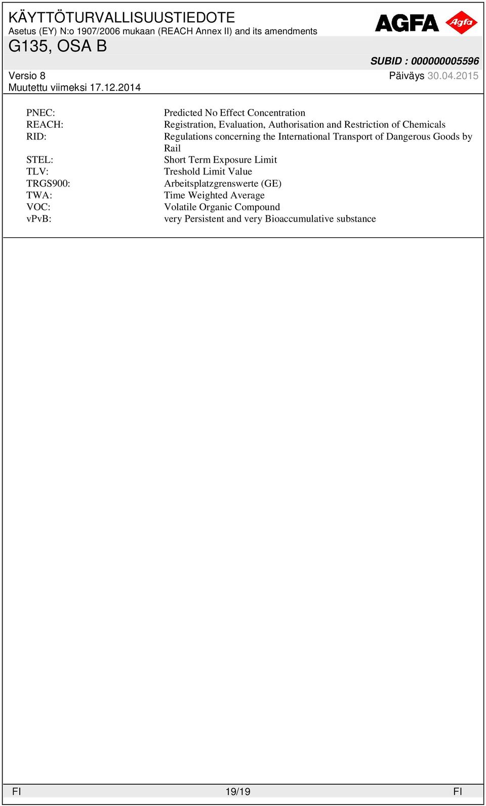 Transport of Dangerous Goods by Rail Short Term Exposure Limit Treshold Limit Value