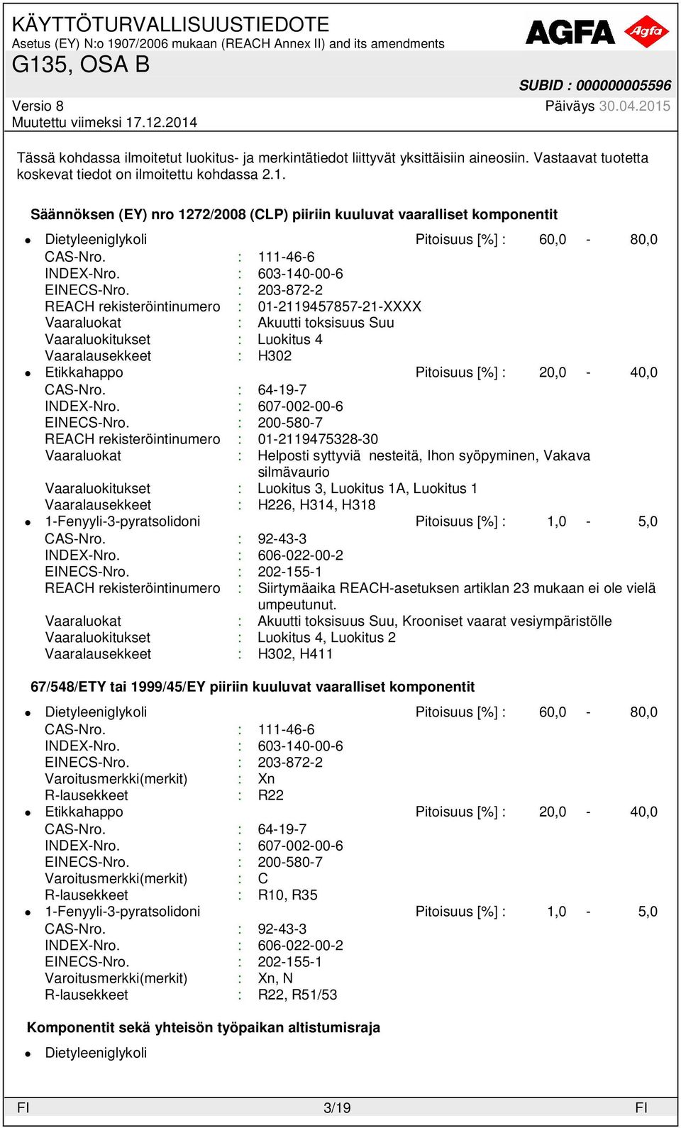 : 203-872-2 REACH rekisteröintinumero : 01-2119457857-21-XXXX Vaaraluokat : Akuutti toksisuus Suu Vaaraluokitukset : Luokitus 4 Vaaralausekkeet : H302 Pitoisuus [%] : 20,0-40,0 CAS-Nro.