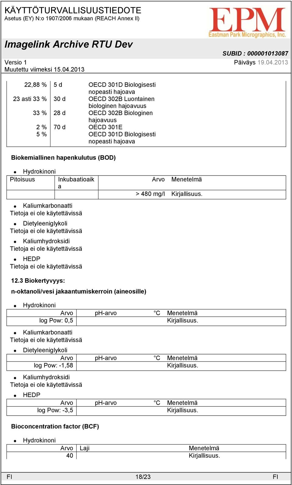 Inkubaatioaik a Arvo Menetelmä > 480 mg/l 12.