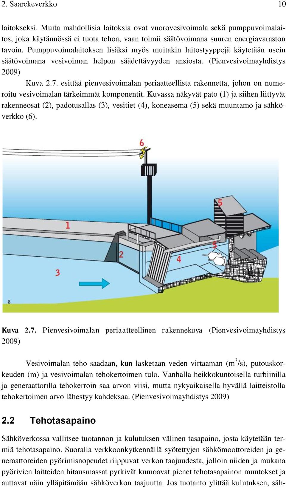 esittää pienvesivoimalan periaatteellista rakennetta, johon on numeroitu vesivoimalan tärkeimmät komponentit.