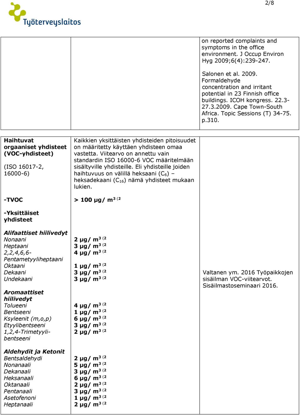 Haihtuvat orgaaniset yhdisteet (VOC-yhdisteet) (ISO 16017-2, 16000-6) -TVOC Kaikkien yksittäisten yhdisteiden pitoisuudet on määritetty käyttäen yhdisteen omaa vastetta.