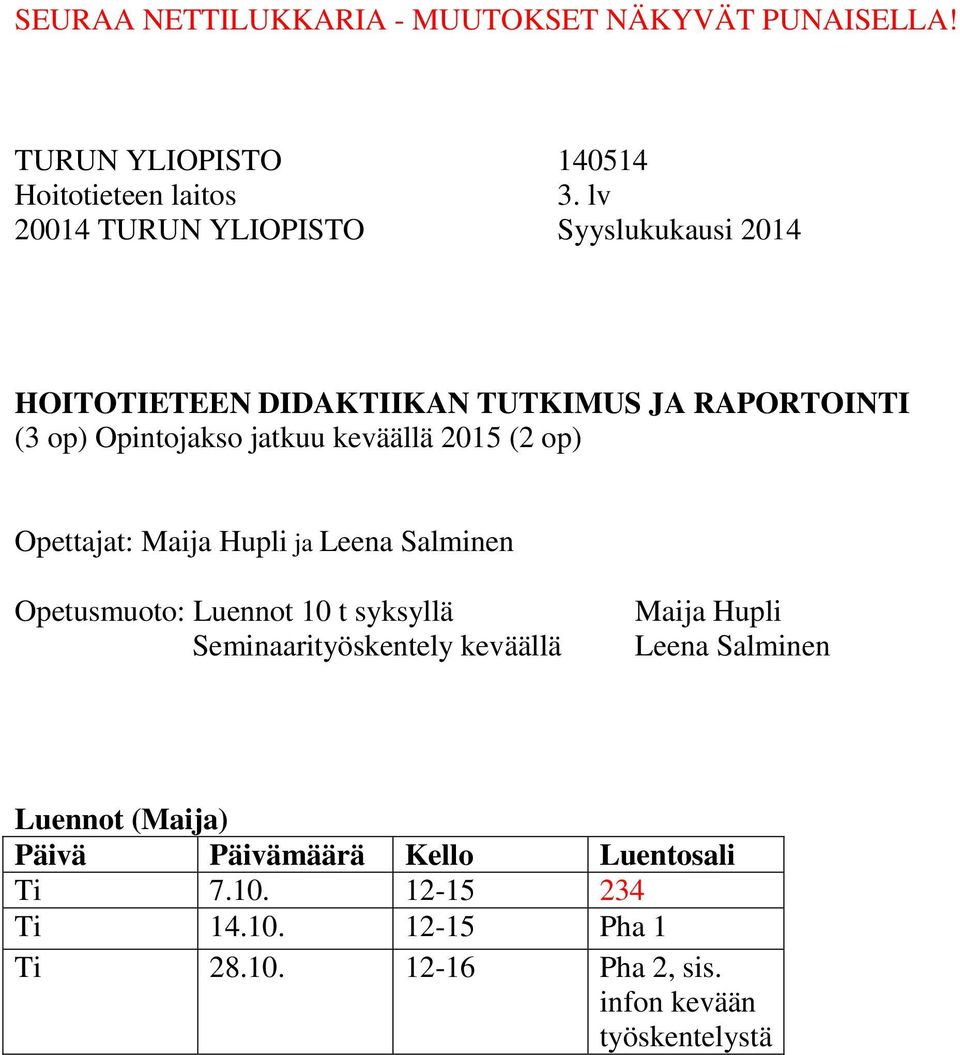 10 t syksyllä Seminaarityöskentely keväällä Maija Hupli Leena Salminen Luennot (Maija) Ti