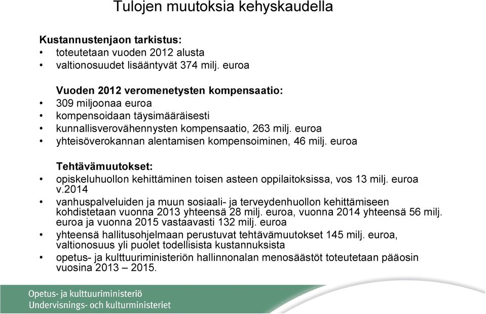 euroa yhteisöverokannan alentamisen kompensoiminen, 46 milj. euroa Tehtävämuutokset: opiskeluhuollon kehittäminen toisen asteen oppilaitoksissa, vos 13 milj. euroa v.