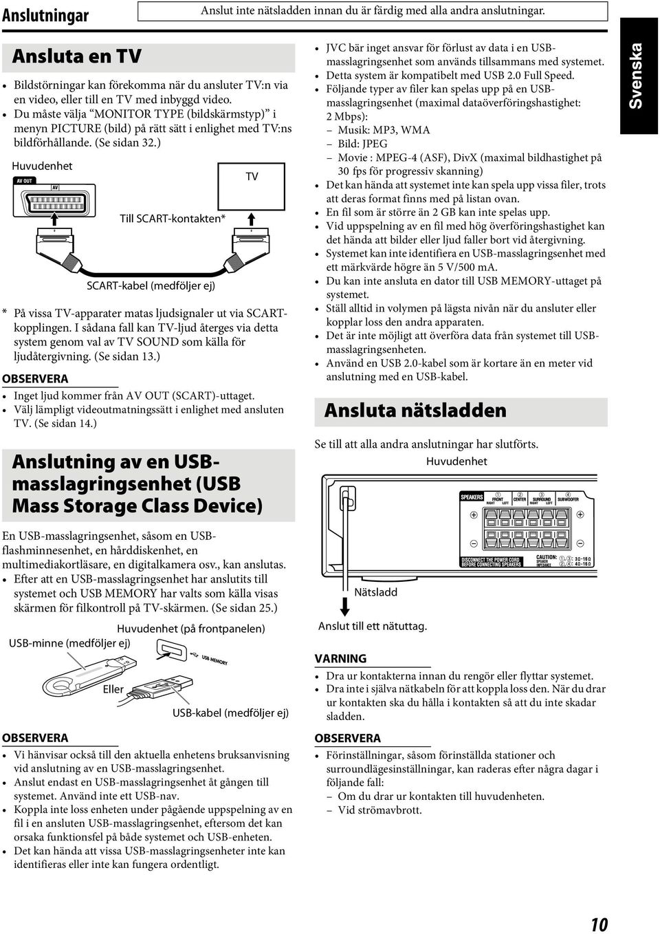 ) Huvudenhet Till SCART-kontakten* SCART-kabel (medföljer ej) * På vissa TV-apparater matas ljudsignaler ut via SCARTkopplingen.