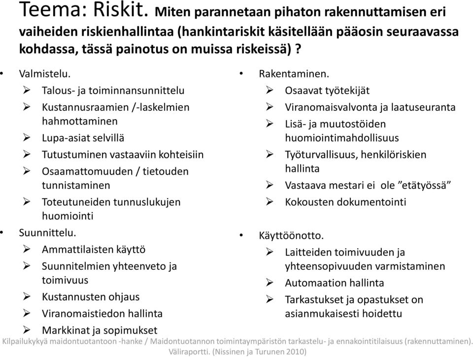 huomiointi Suunnittelu. Ammattilaisten käyttö Suunnitelmien yhteenveto ja toimivuus Kustannusten ohjaus Viranomaistiedon hallinta Markkinat ja sopimukset Rakentaminen.