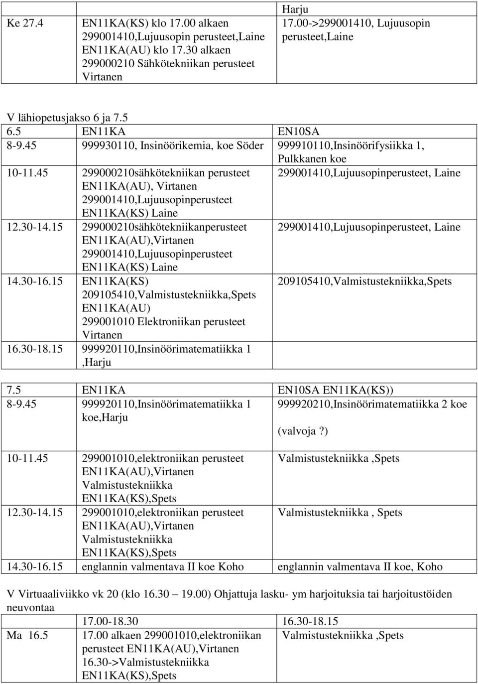 45 299000210sähkötekniikan perusteet 299001410,Lujuusopinperusteet, Laine EN11KA(AU), Virtanen 299001410,Lujuusopinperusteet EN11KA(KS) Laine 12.30-14.