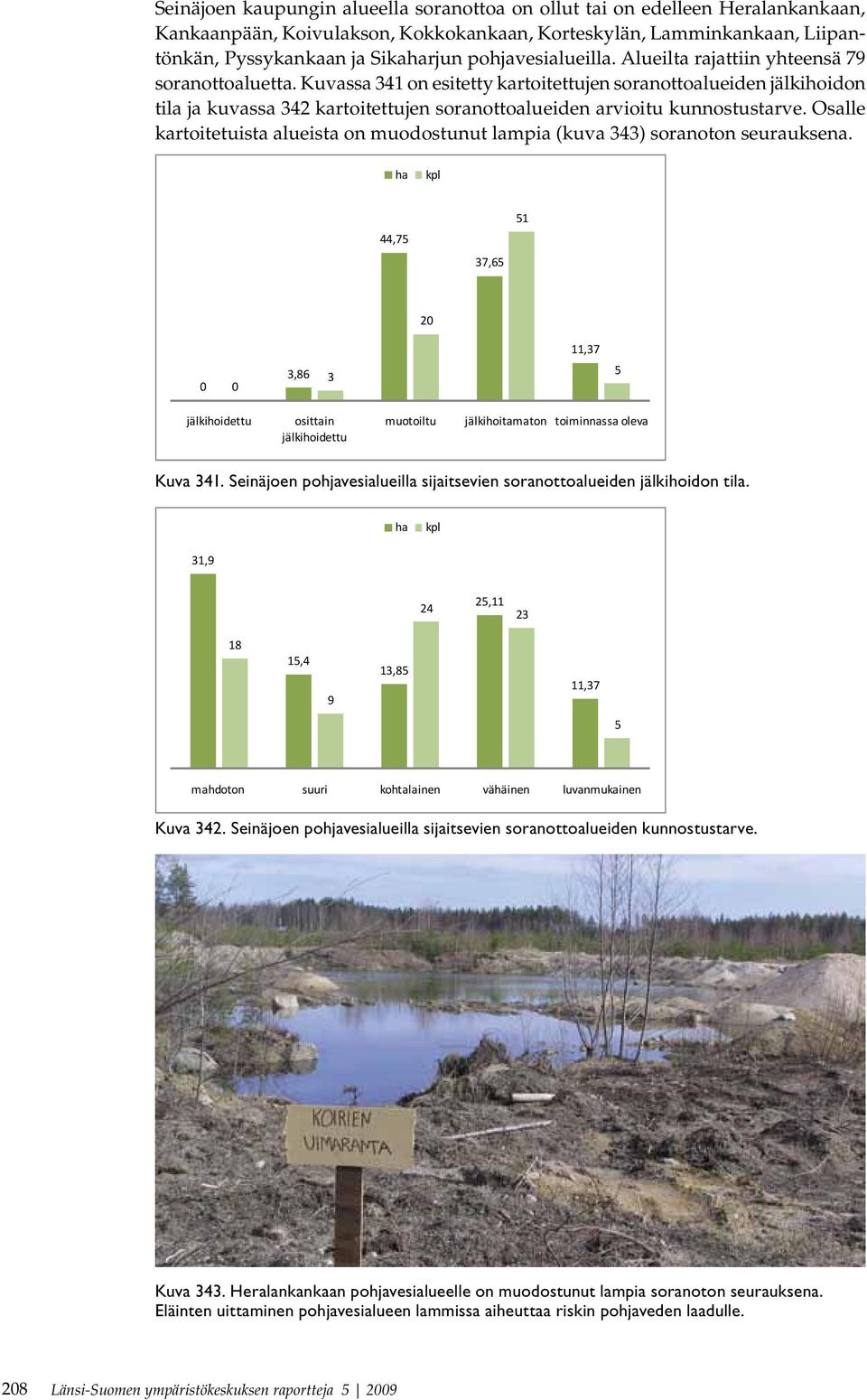 Kuvassa 341 on esitetty kartoitettujen soranottoalueiden jälkihoidon tila ja kuvassa 342 kartoitettujen soranottoalueiden arvioitu kunnostustarve.
