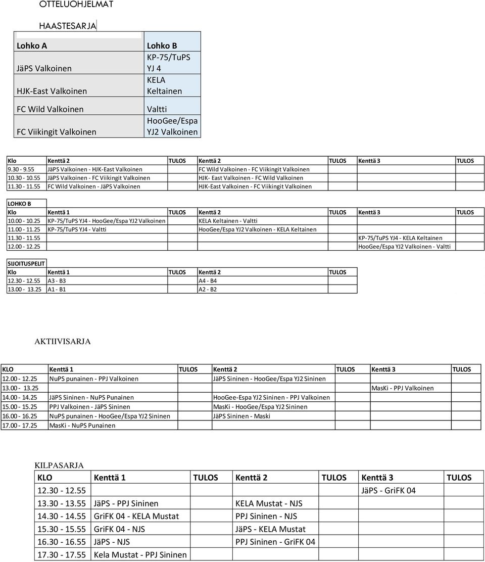 55 JäPS Valkoinen - FC Viikingit Valkoinen HJK- East Valkoinen - FC Wild Valkoinen 11.30-11.