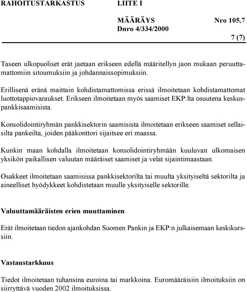 Konsolidointiryhmän pankkisektorin saamisista ilmoitetaan erikseen saamiset sellaisilta pankeilta, joiden pääkonttori sijaitsee eri maassa.