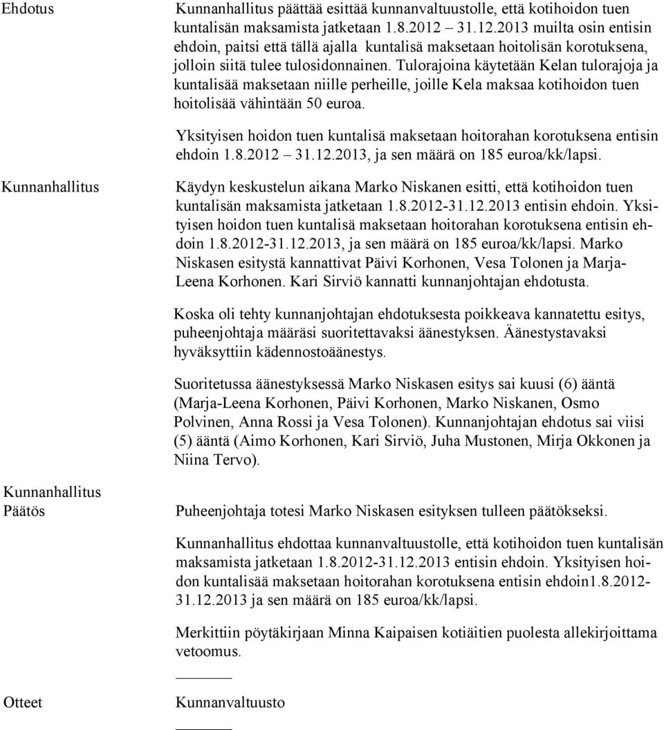 Tulorajoina käytetään Kelan tulorajoja ja maksetaan niille perheille, joille Kela maksaa kotihoidon tuen ä vähintään 50 euroa.