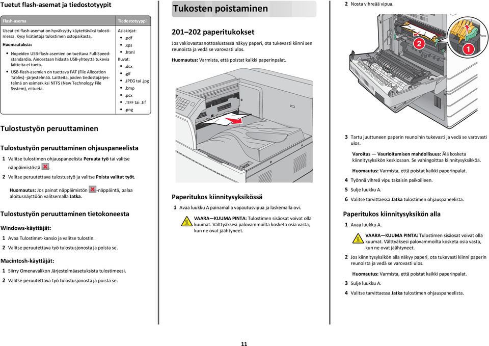 USB-flash-asemien on tuettava FAT (File Allocation Tables) -järjestelmää. Laitteita, joiden tiedostojärjestelmä on esimerkiksi NTFS (New Technology File System), ei tueta. Tiedostotyyppi Asiakirjat:.