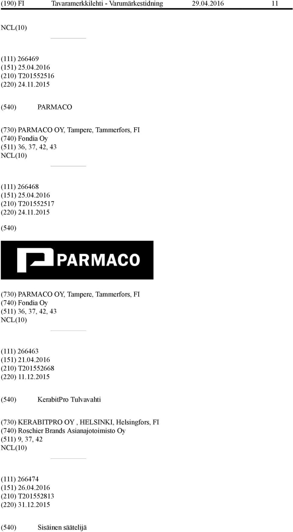 04.2016 (210) T201552517 (220) 24.11.2015 (730) PARMACO OY, Tampere, Tammerfors, FI (740) Fondia Oy (511) 36, 37, 42, 43 (111) 266463 (151) 21.04.2016 (210) T201552668 (220) 11.