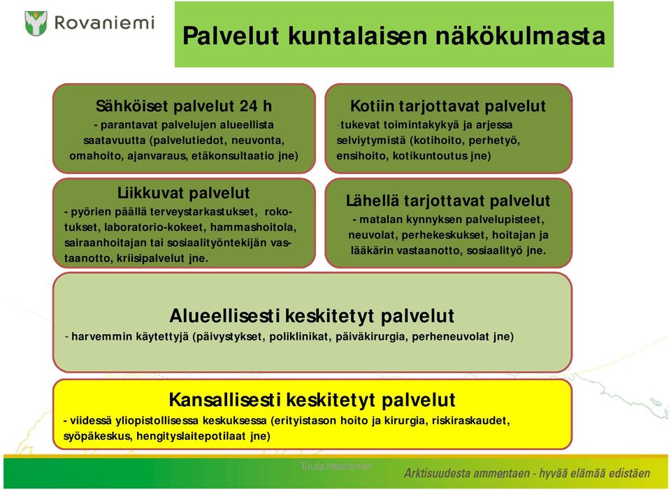 Kotiin tarjottavat palvelut -tukevat toimintakykyä ja arjessa selviytymistä (kotihoito, perhetyö, ensihoito, kotikuntoutus jne) Lähellä tarjottavat palvelut - matalan kynnyksen palvelupisteet,