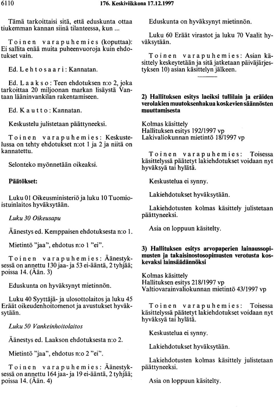 Le h t o s a a r i : Kannatan. Ed. L a a k s o : Teen ehdotuksen n:o 2, joka tarkoittaa 20 miljoonan markan lisäystä Vantaan lääninvankilan rakentamiseen. Ed. Ka u t t o : Kannatan.
