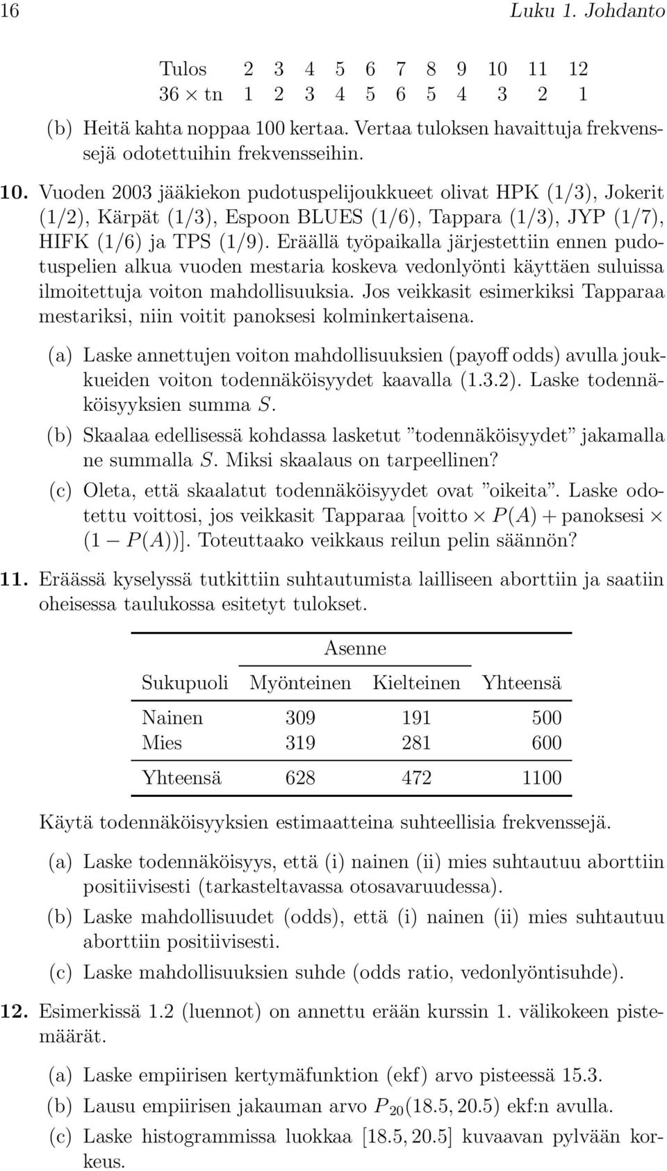 kertaa. Vertaa tuloksen havaittuja frekvenssejä odotettuihin frekvensseihin. 10.