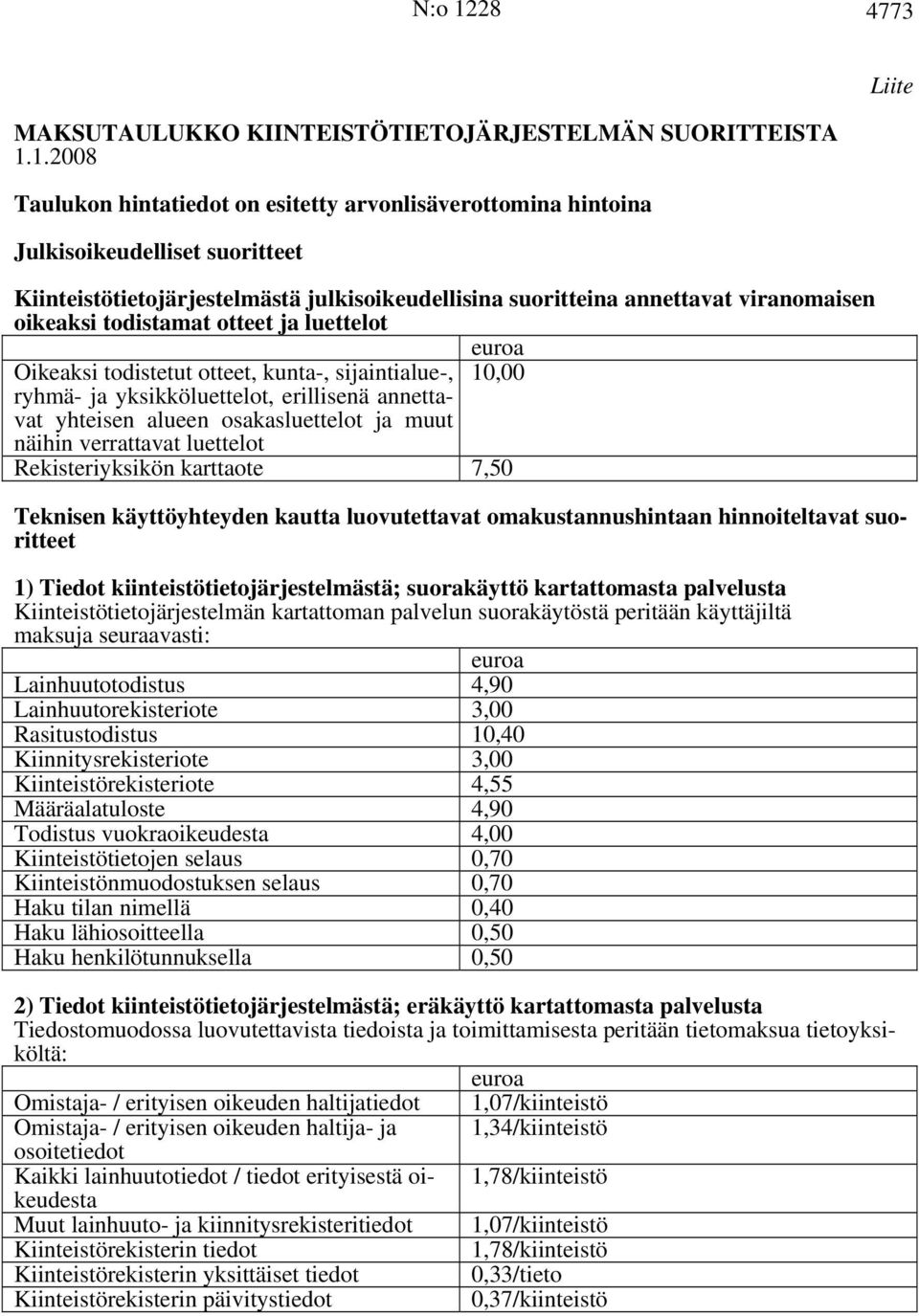 1.2008 Taulukon hintatiedot on esitetty arvonlisäverottomina hintoina Julkisoikeudelliset suoritteet Kiinteistötietojärjestelmästä julkisoikeudellisina suoritteina annettavat viranomaisen oikeaksi