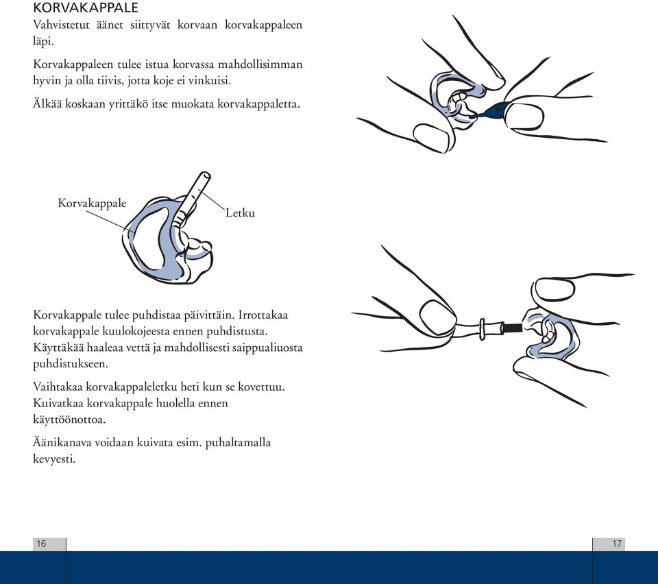 Älkää koskaan yrittäkö itse muokata korvakappaletta. Korvakappale Letku Korvakappale tulee puhdistaa päivittäin.